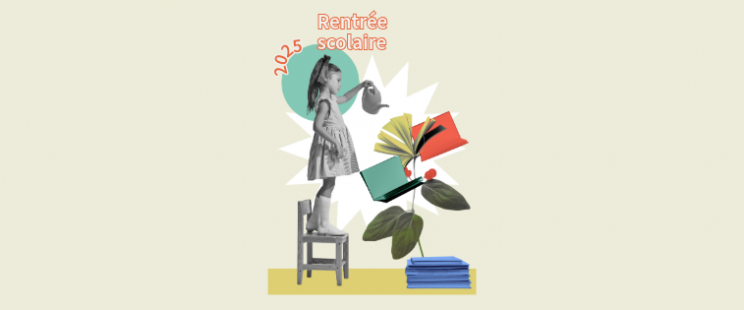 patchwork : petite fille sur une chaise qui arrose des plantes et des livres.