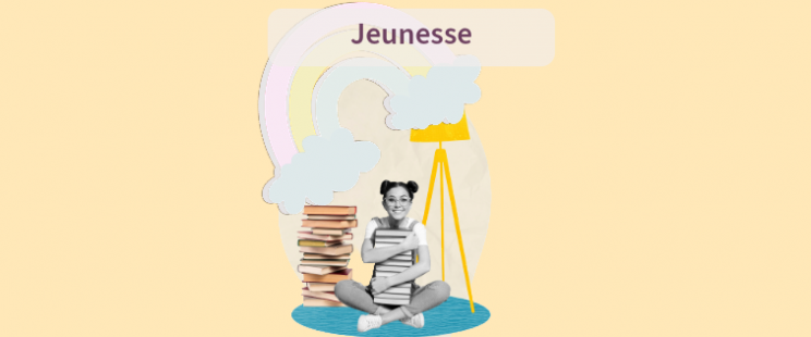 Jeune fille assise avec une pille de livre et un décor lumineux de chambre aux couleurs de l'arc en ciel 
